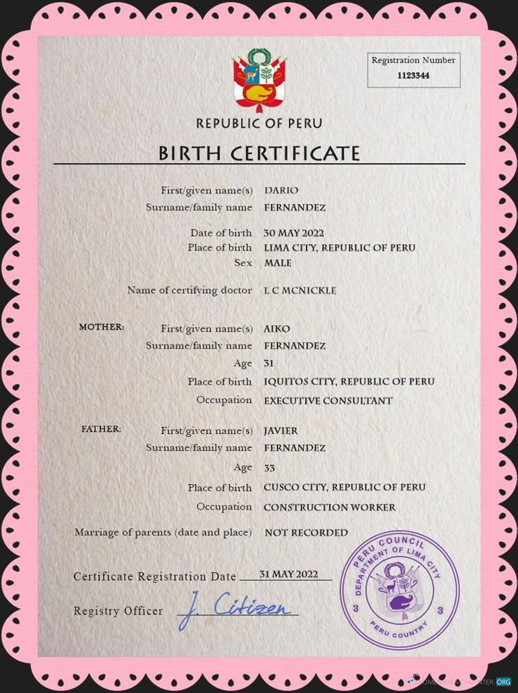Download Peru vital record birth certificate PSD template Photoshop template